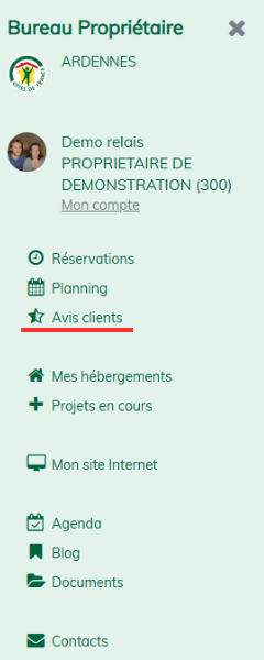 Menu Buro Propriétaire pour les avis clients 